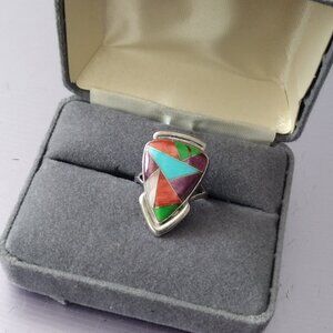 Turquoise,Spiny Oyster and Shell Sterling Inlay Ring